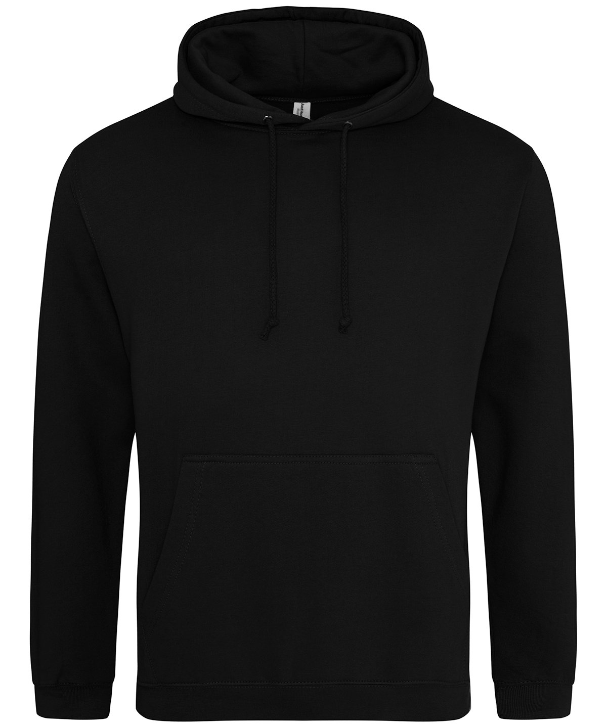 Black customisable adult hoodie with drawstring hood and kangaroo pocket.