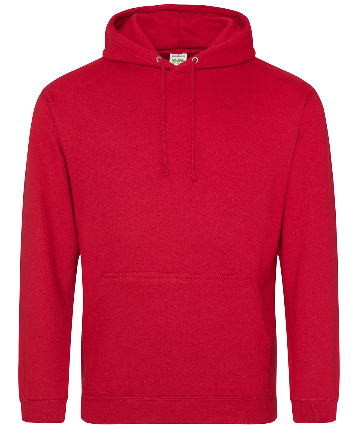 Fire red customisable adult hoodie with drawstring hood and kangaroo pocket.