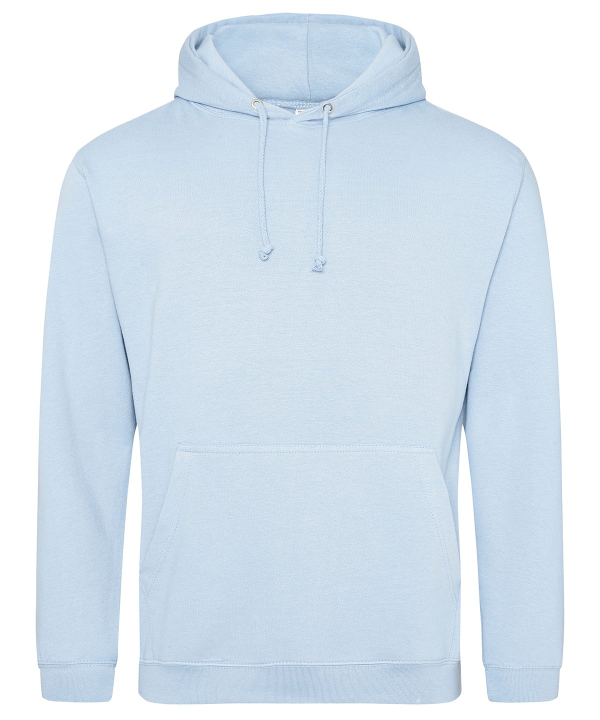 Sky blue customisable adult hoodie with drawstring hood and kangaroo pocket.