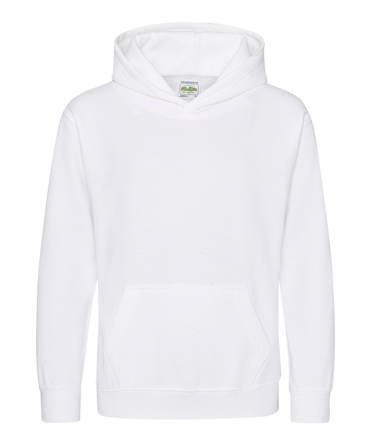 Plain white kids’ hoodie with front pocket and hood.