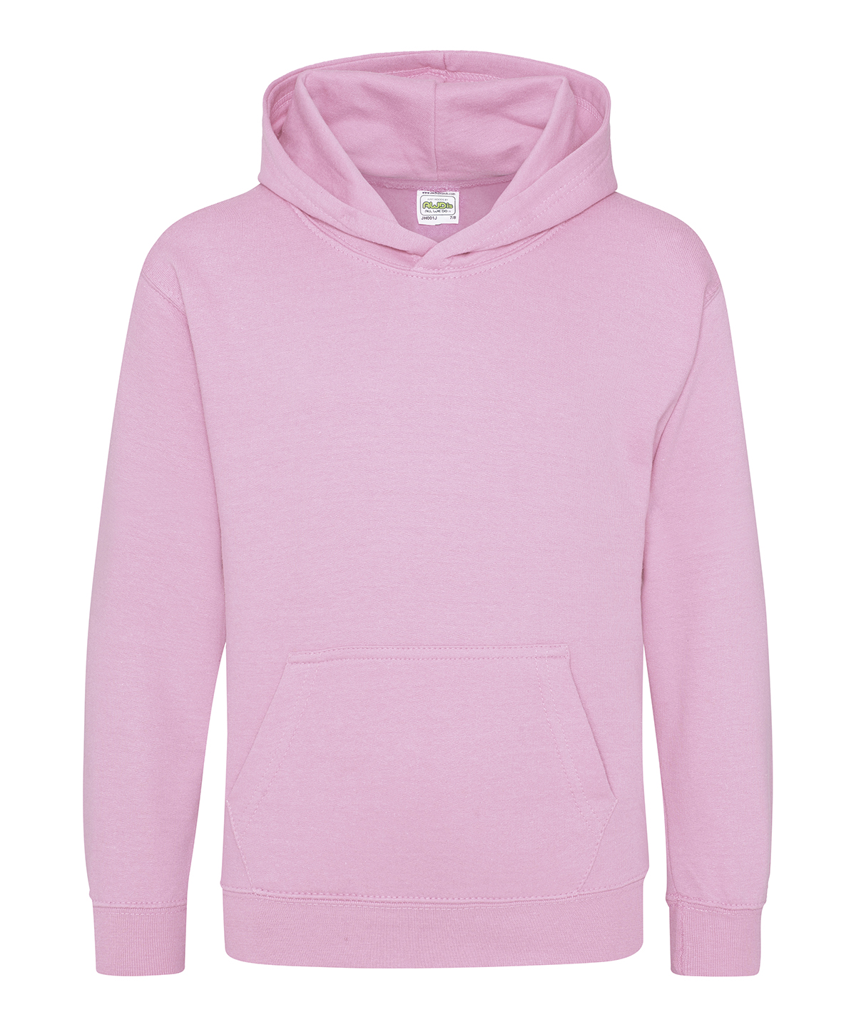 Plain baby pink kids’ hoodie with front pocket and hood.