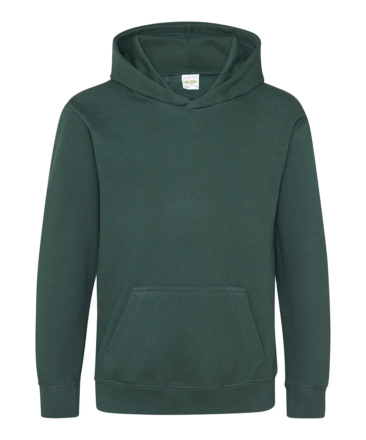 Plain bottle green kids’ hoodie with front pocket and hood.