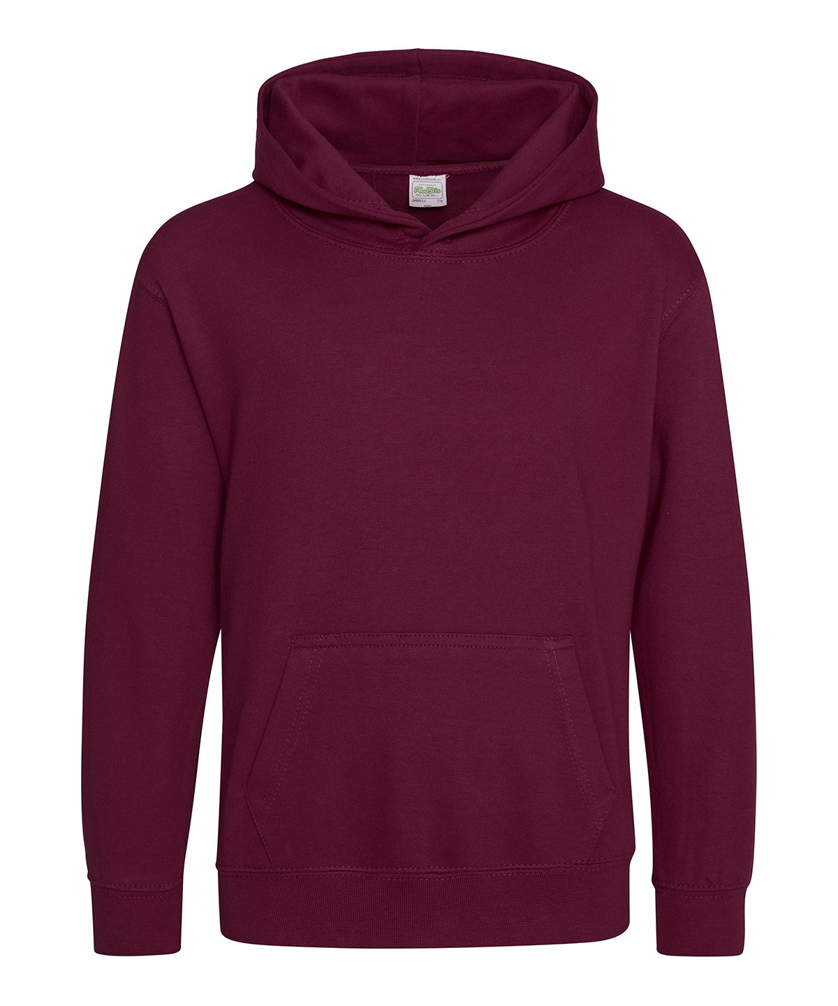 Plain burgundy kids’ hoodie with front pocket and hood.