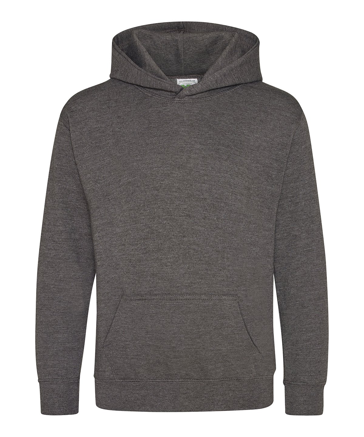Plain charcoal grey kids’ hoodie with front pocket and hood.