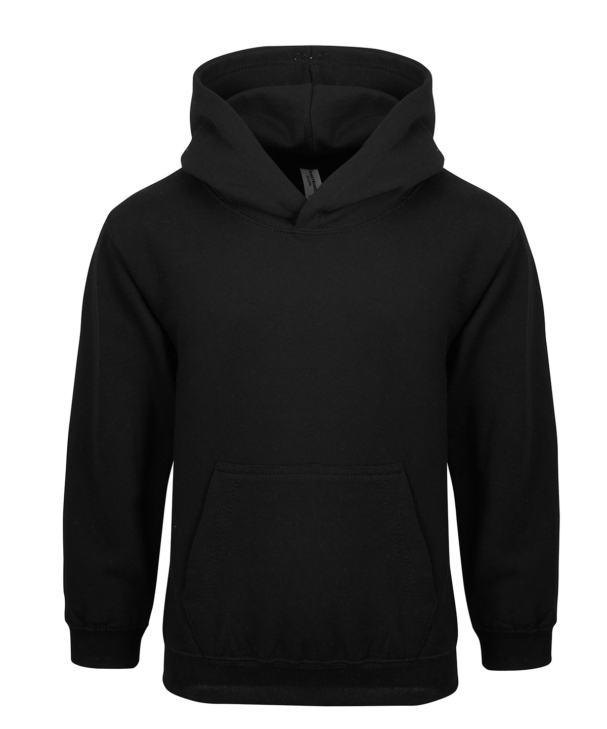 Plain black kids’ hoodie with front pocket and hood.