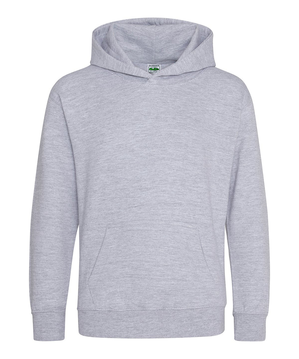Plain heather grey kids’ hoodie with front pocket and hood.