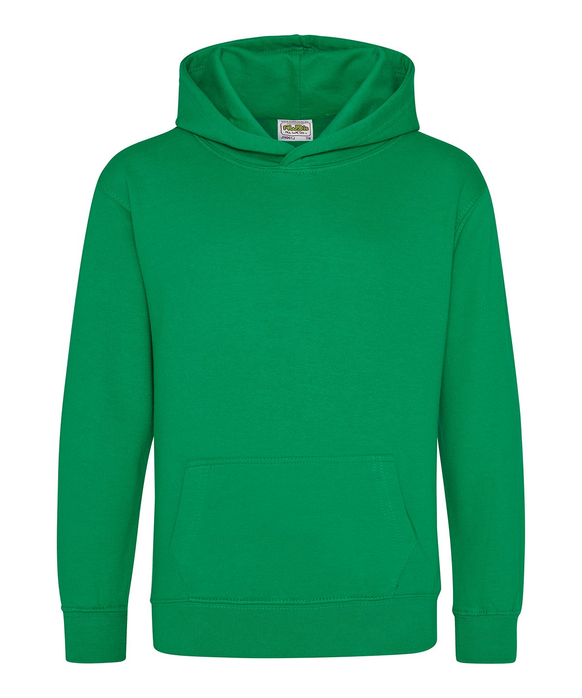 Plain kelly green kids’ hoodie with front pocket and hood.