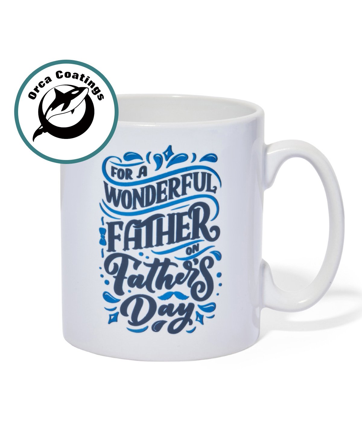 White mug with blue "For a Wonderful Father on Father’s Day" design and ORCA coating logo.